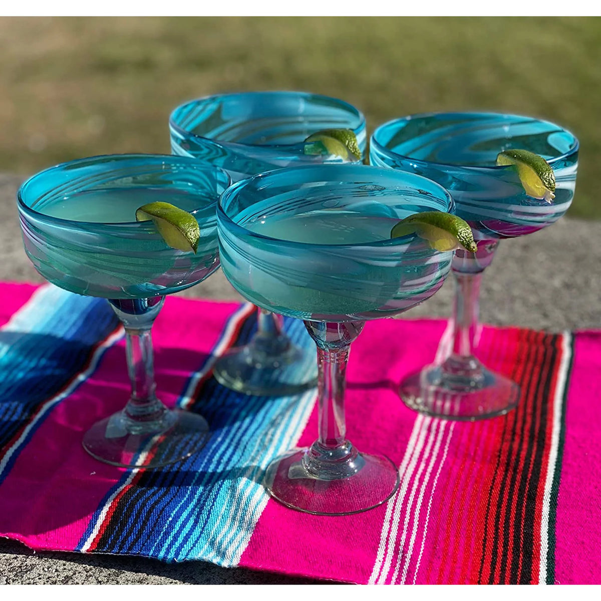 Set of 4 Hand Blown Margarita Glasses Aqua Swirl 16 oz P28645