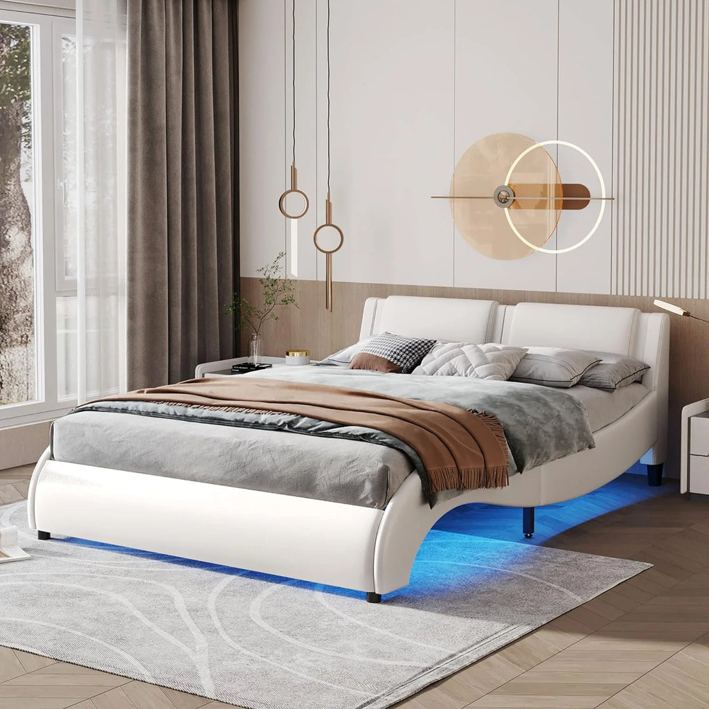 White Upholstered Faux Leather Platform Bed with LED Lights R186626
