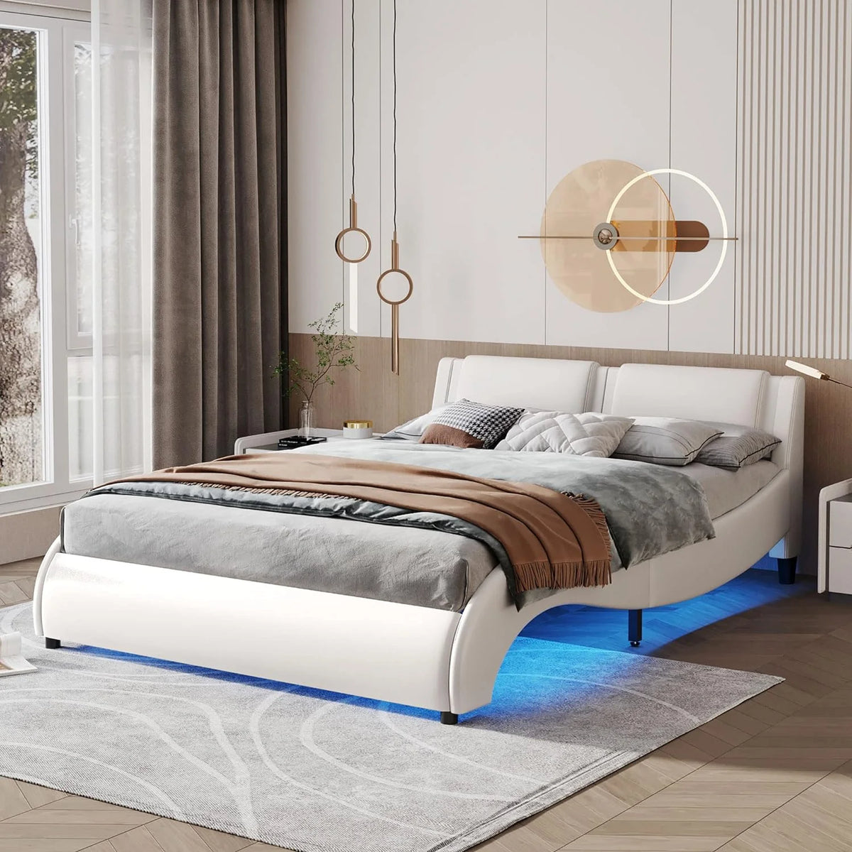 White Upholstered Faux Leather Platform Bed with LED Lights R186626