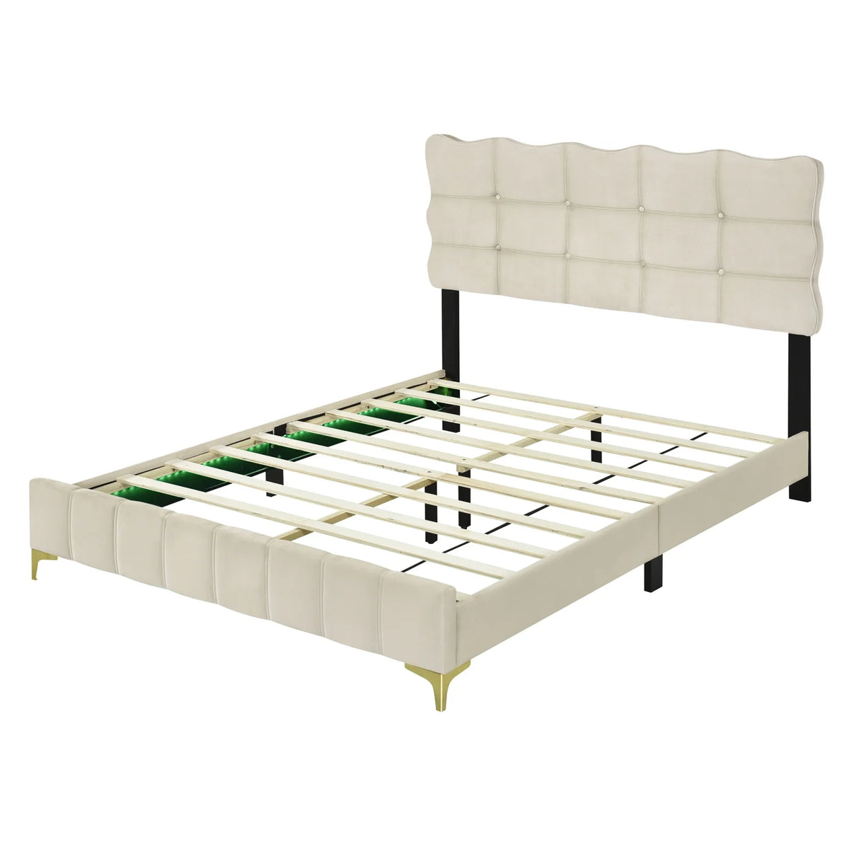 Queen Size Beige Velvet Upholstered Platform Bed with LED N941