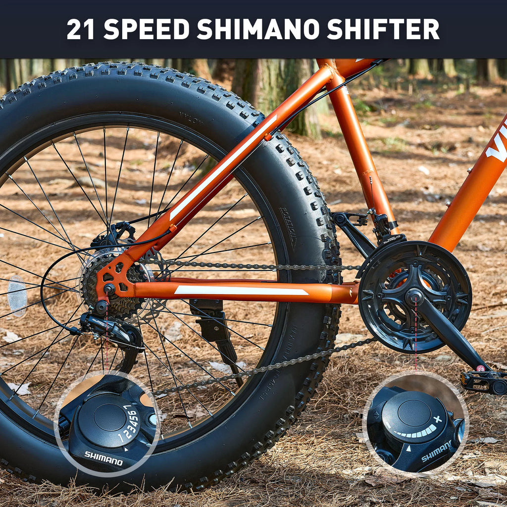 26 Fat Tire Mountain Bike with Front Suspension 21 Speeds Disc Brakes Orange E39712