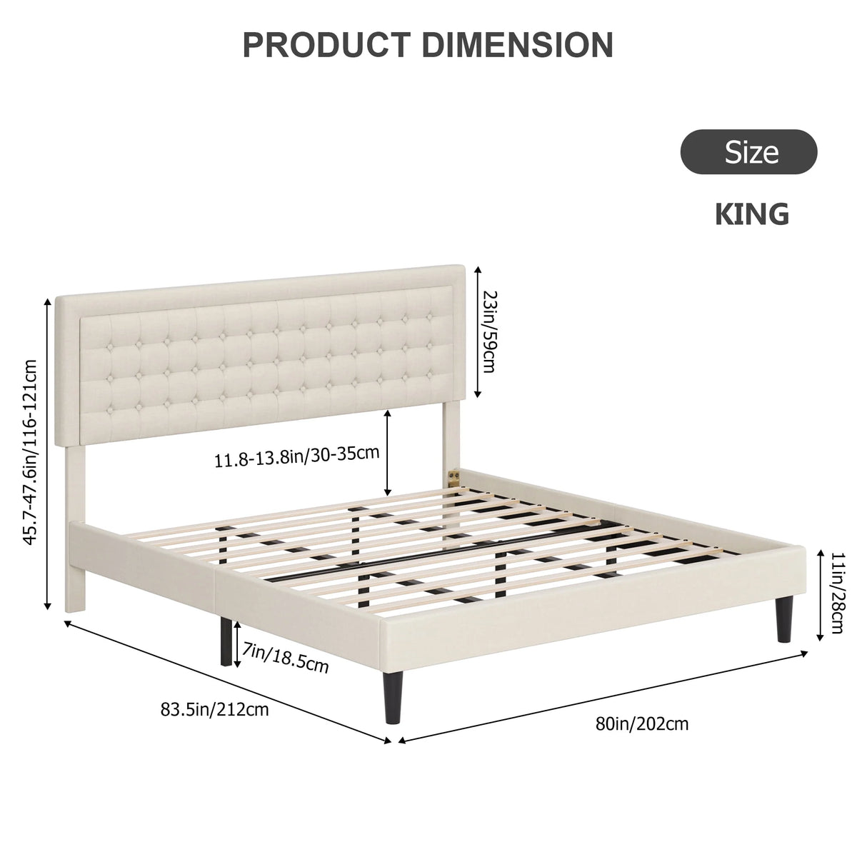 King Size Beige Upholstered Platform Bed Frame V134