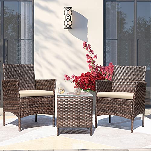 3 Pieces PE Rattan Wicker Patio Furniture Set with Cushion and Glass Coffee Table C668