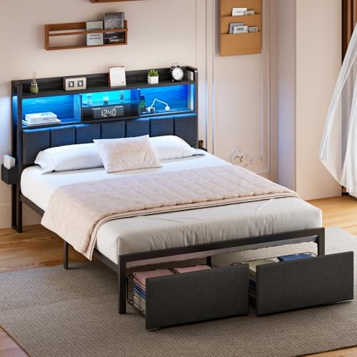 Queen Size Storage Drawer Metal Platform Bed Frame with Upholstered Headboard Y948