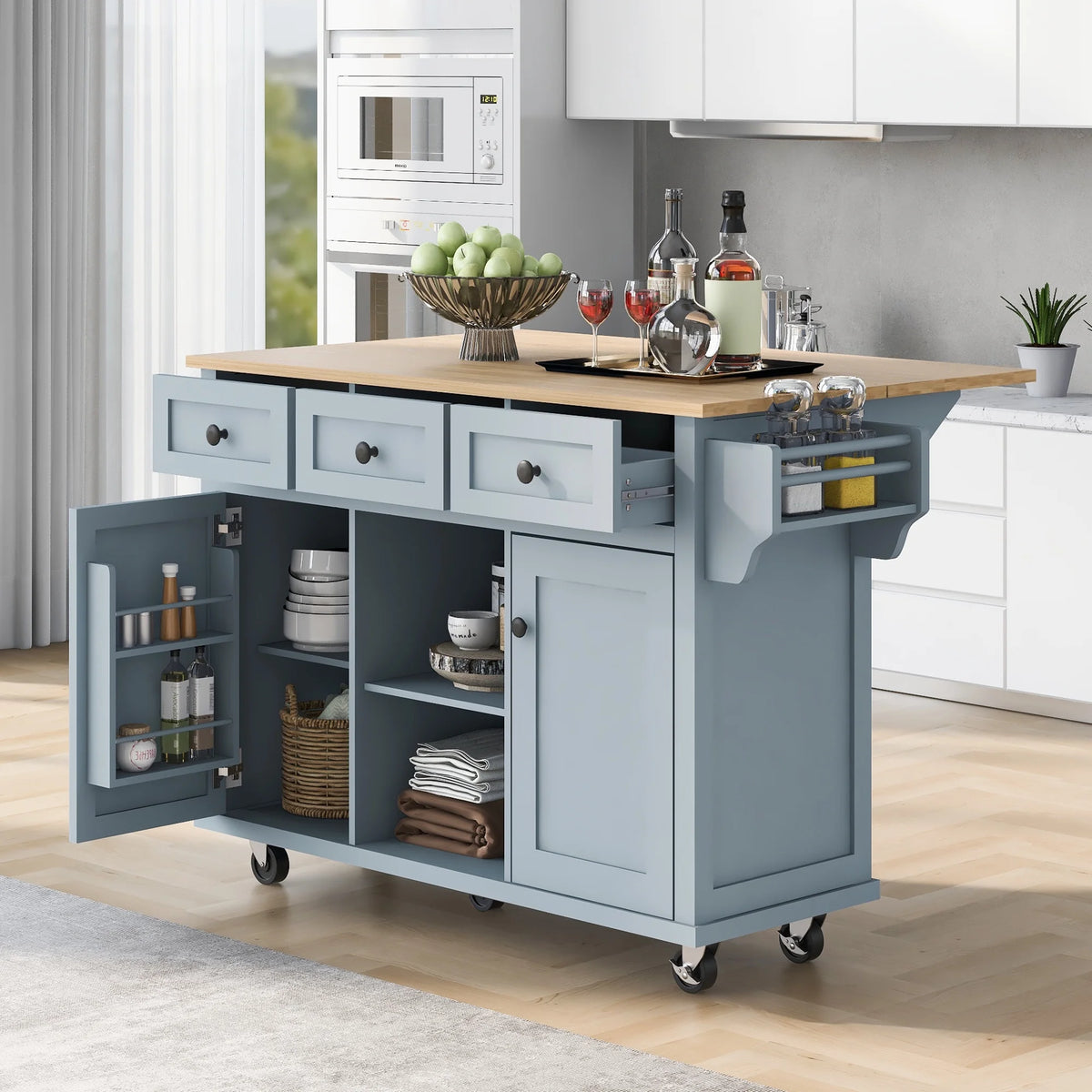 Blue Kitchen Island Cart with Drop-Leaf Countertop and 3 Drawers D5943