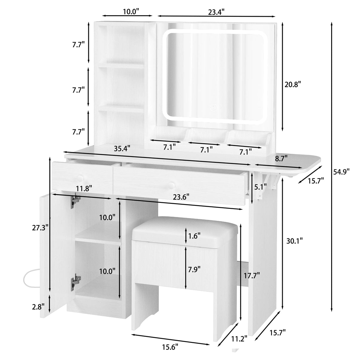 White Vanity Desk with Lighted Mirror and Storage Stool T9602