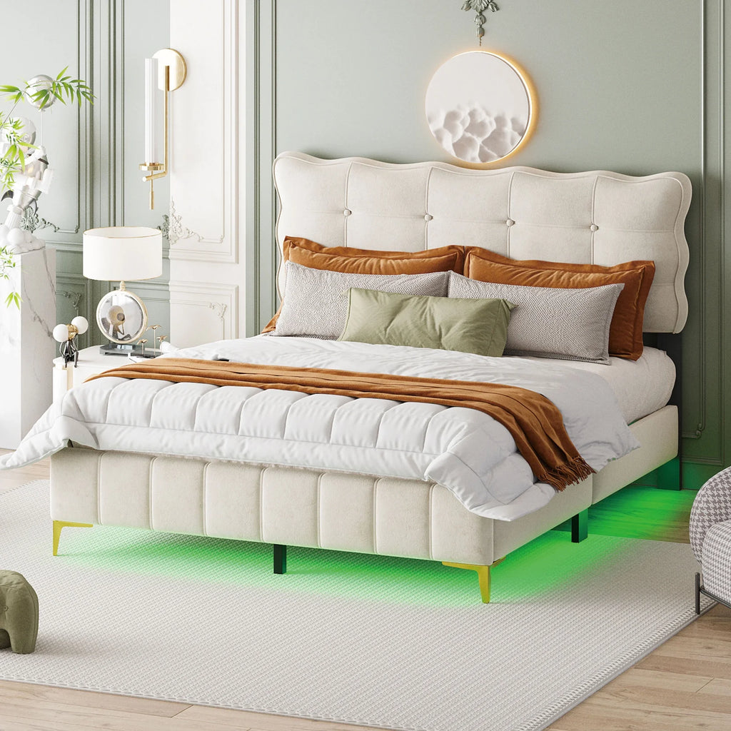 Queen Size Beige Velvet Upholstered Platform Bed with LED N941