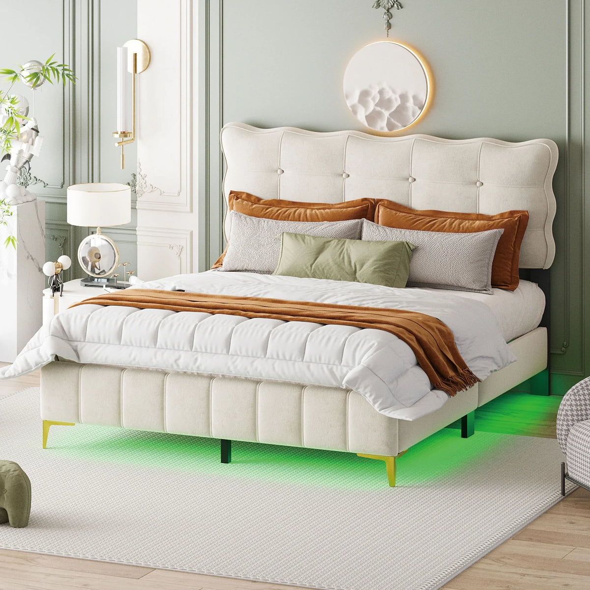 Queen Size Beige Velvet Upholstered Platform Bed with LED N941