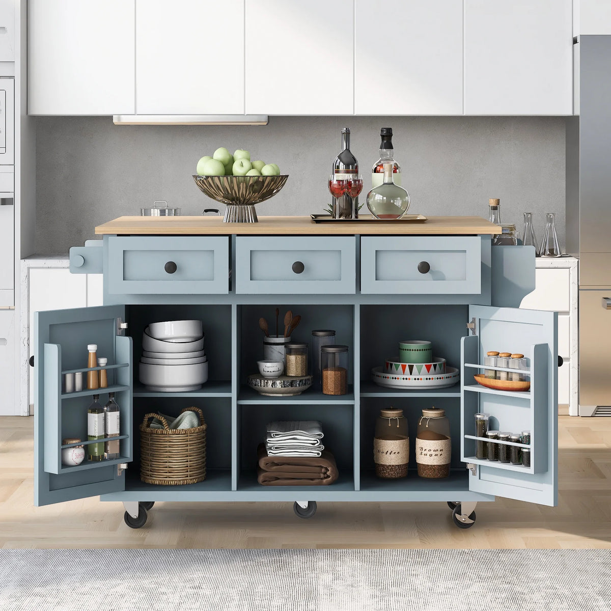 Blue Kitchen Island Cart with Drop-Leaf Countertop and 3 Drawers D5943