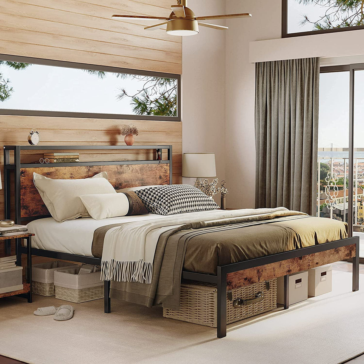 Queen Bed Frame with Industrial Headboard I175
