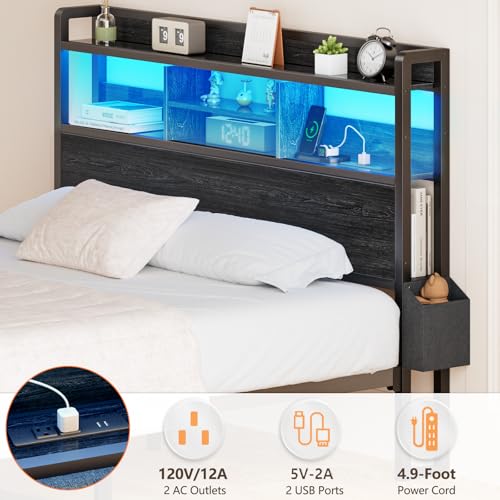 Black Full Size Metal Platform Bed Frame with Wood Headboard and Storage Drawers E30201