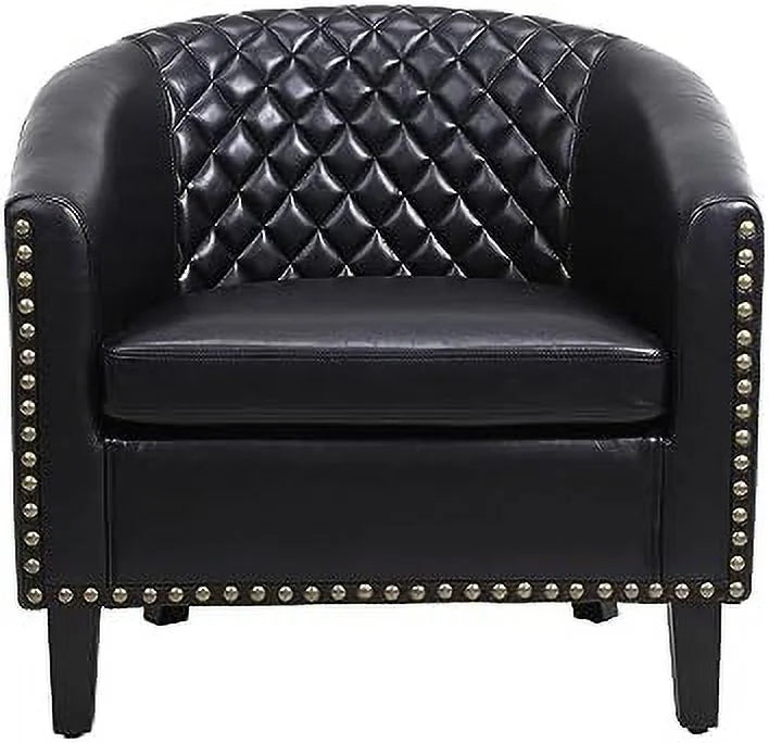 Brown Leather Tufted Barrel Chair with Wood Legs L15476