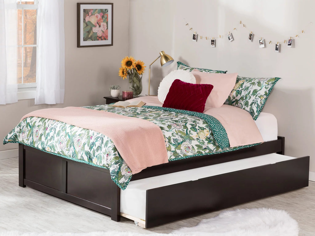 Full Solid Wood Platform Bed with Footboard & Trundle in Espresso V727