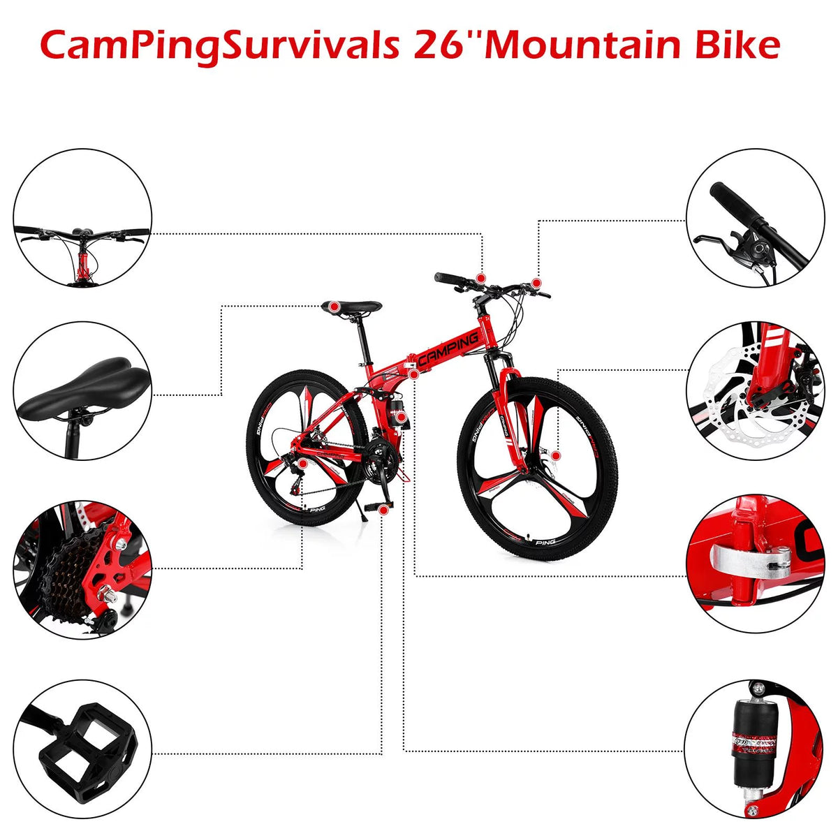 26 inch 21 Speeds Folding Mountain Bike High Carbon Steel Red H53271