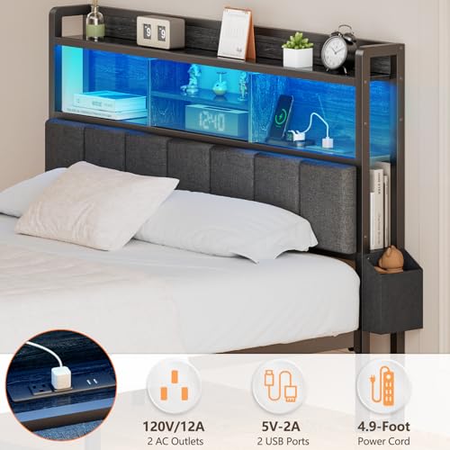 Queen Size Storage Drawer Metal Platform Bed Frame with Upholstered Headboard Y948
